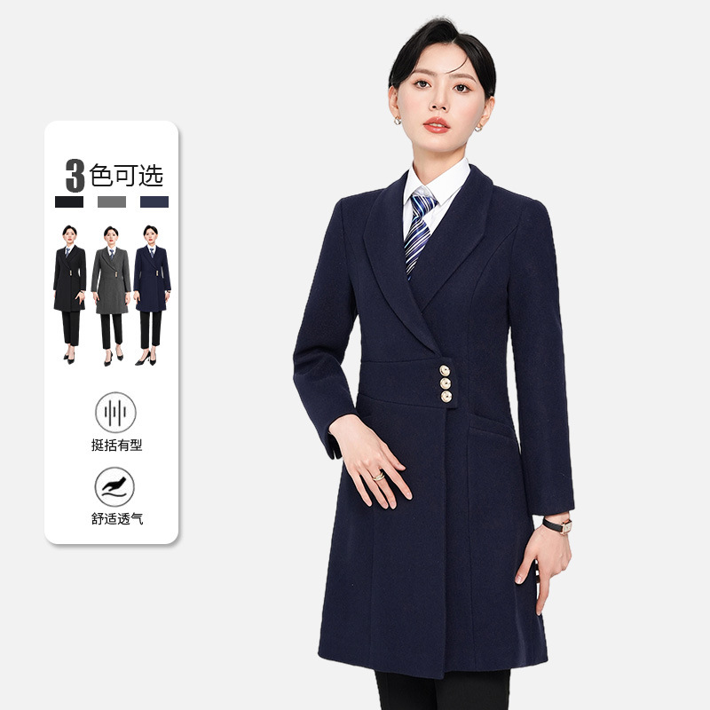 모직 블랙 여성 코트 호텔 부동산 판매 작업 의류 양모 코트 따뜻한 모직 여성 코트 비즈니스 착용