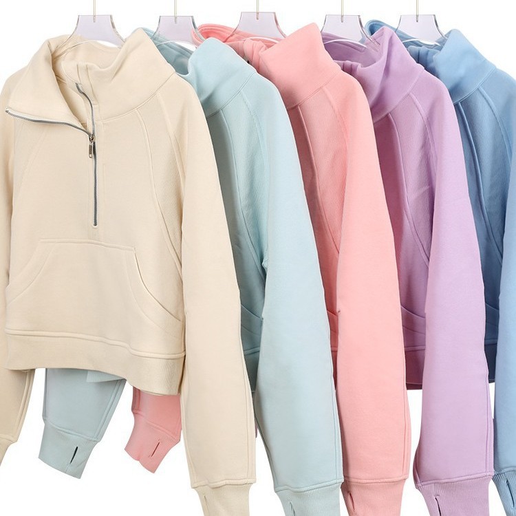 LULUSUV Women's Short Half-Zip Hooded Sweatshirt, Fleece-Lined, Stand-Up Collar, Thumb Hole, Loose Fit Sports Jacket