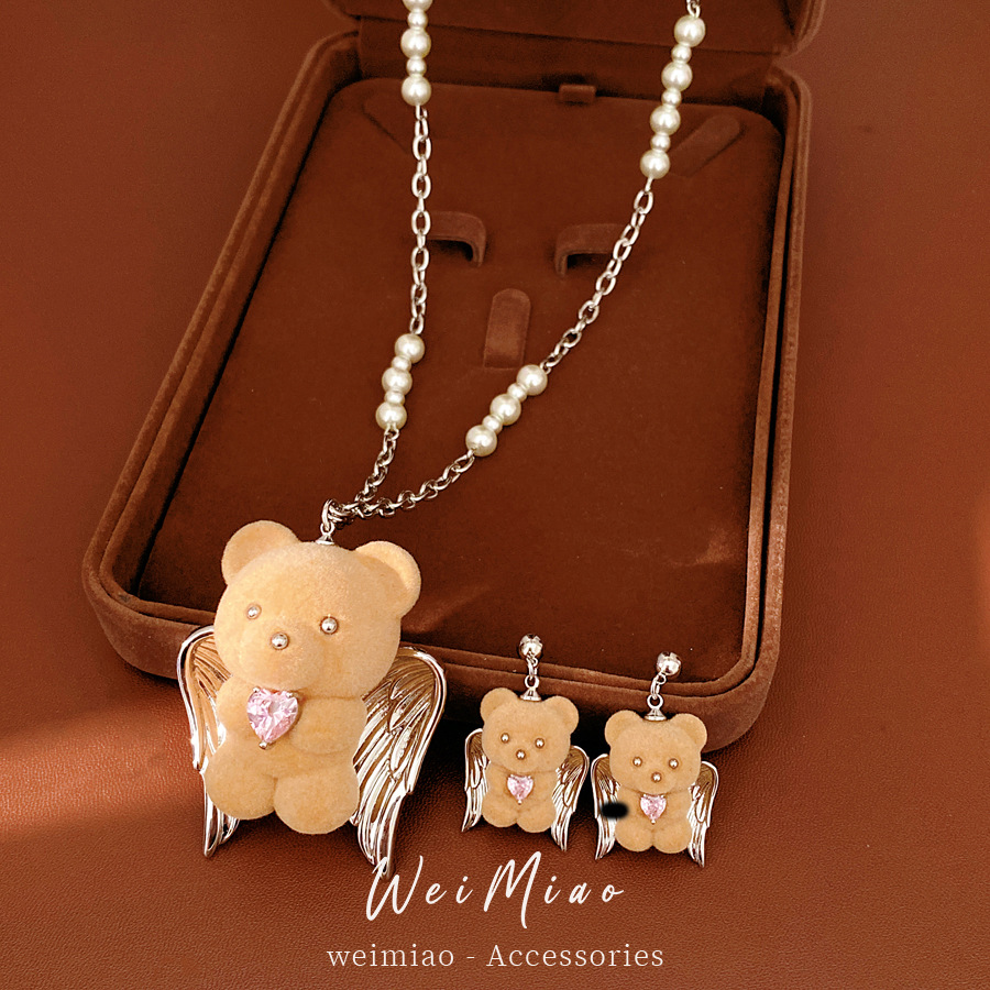 Cuentas de zircón flocado collar de perlas de oso temperamento casual universal cadena de suéter de lujo ligero conjunto de joyería de lujo