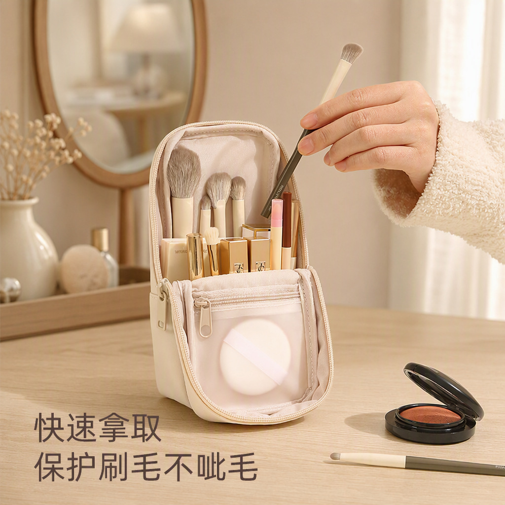 Anqin Brush Storage Bag Portable Pu Dustproof Waterproof Standing Organizer for Lipstick and Makeup Brushes