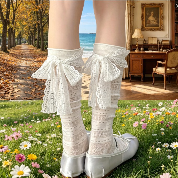 Lace Bow Calf Socks for Women, Summer Thin White Lace Sweet Tie-Up Ballet Style Slouchy Long Socks