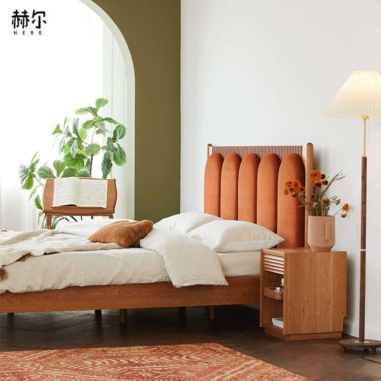 French Retro Bed, Light Luxury Upholstered Fabric Nordic Solid Wood Bed, Natural Cherry Wood Simple Children's Double Wedding Bed