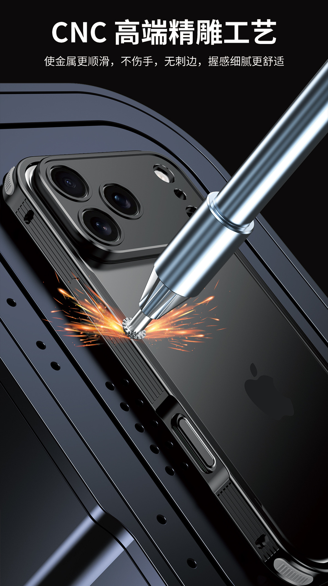 Ốp lưng điện thoại viền hợp kim chống sốc cho iPhone 17 Pro Max, 16E, 15P, 14 — Đen (có ống kính), Bạc, Cam (có ống kính), Vàng sa mạc chi tiết 9