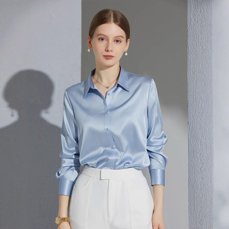 2025 Spring and Autumn New High-End Gray Acetate Satin Shirt Women's Long Sleeve Chic French Silk Professional Shirt
