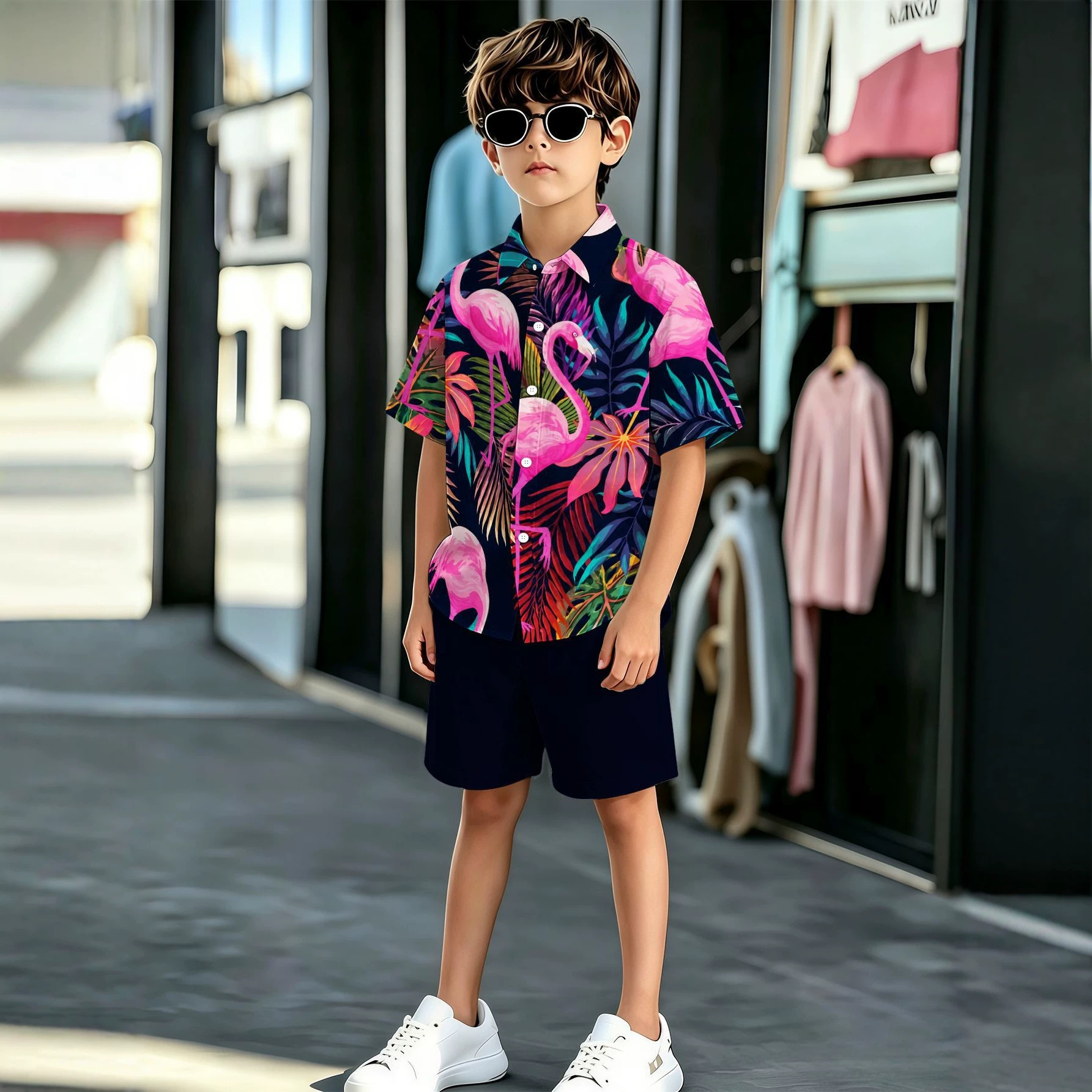 Neue europäisch-amerikanische Styles: Jungenhemd und Shorts-Set mit 3D-Druck und Pflanzenblumenmuster_voghion.com