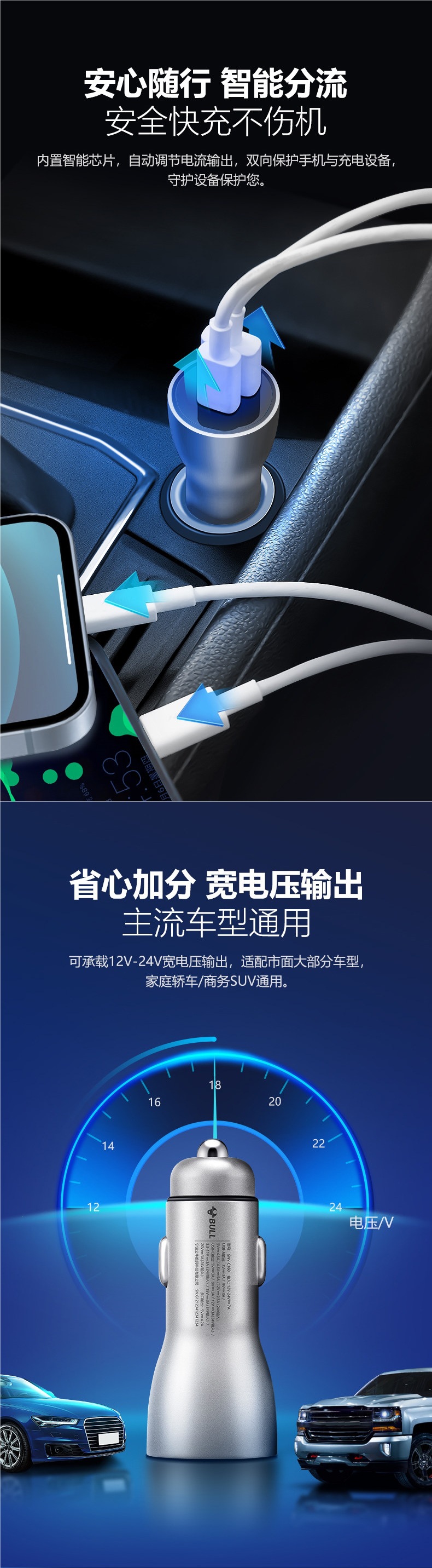 Bull Official Flagship Car Charger, Car Cigarette Lighter Charger, Multifunctional Wireless Charging, Default Item