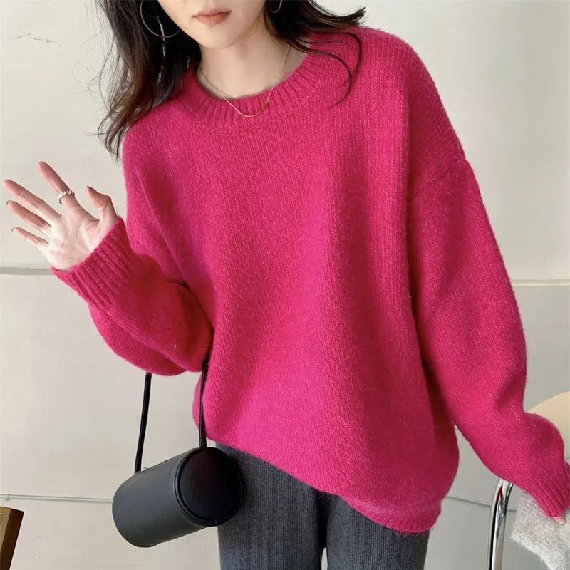 克莱因蓝色毛衣女秋冬加厚宽松外穿上衣圆领百搭长袖慵懒风针织衫|undefined