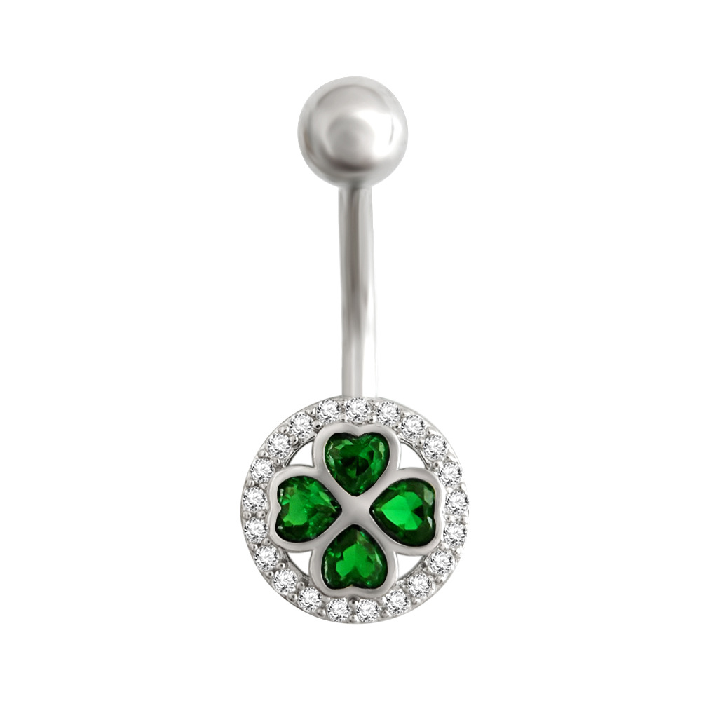 Clover Navel Belly Button Ring With Diamonds For Women Jewelry_voghion.com