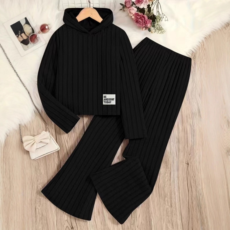 A Set of Women's Knitted Pit Letter Appliqué Hoodies and Bell-Bottom Pants