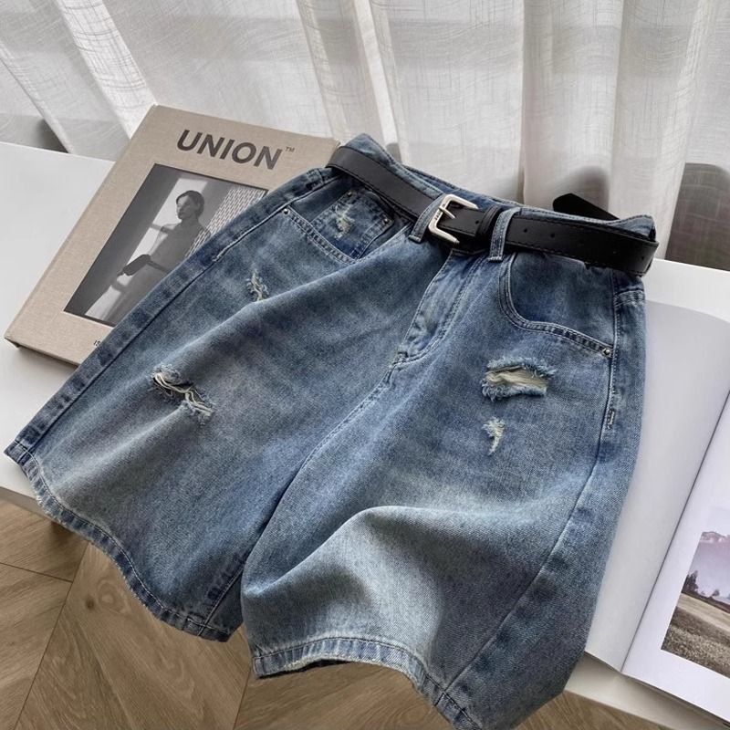 2026 Summer Thin Plus-Size High-Waisted Ripped Denim Shorts for Women, New Slimming Wide-Leg Hot Pants, Five-Point Pants
