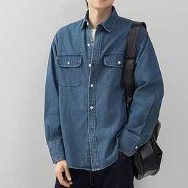 日系男生水洗牛仔衬衫长袖宽松工装衬衣新款春秋牛仔上衣休闲外套
