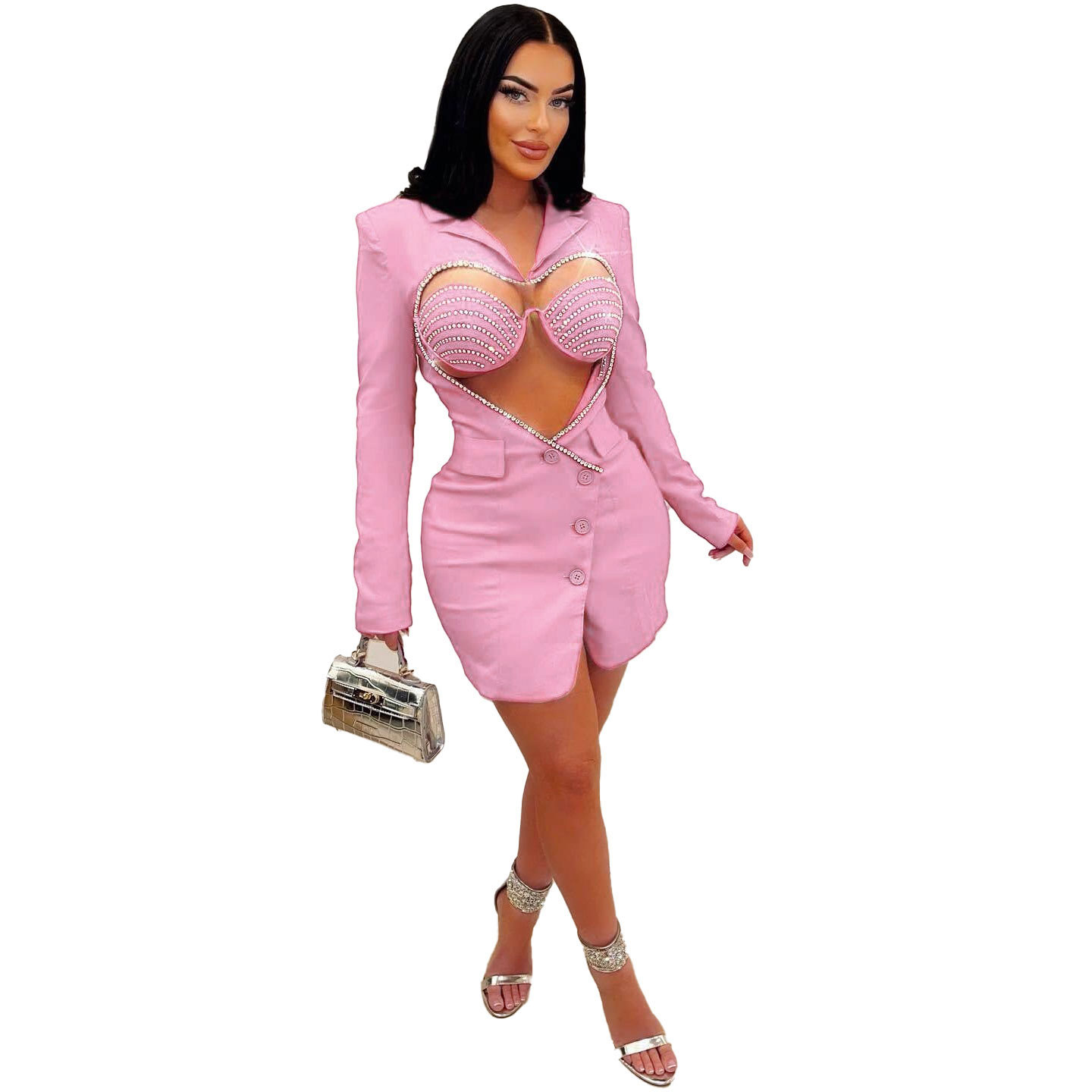 Women's Clothing Slim Fit Two Piece Set Style Sexy Solid Color Bodycon Suit With Rhinestone Heart Shaped Design For Women_voghion.com