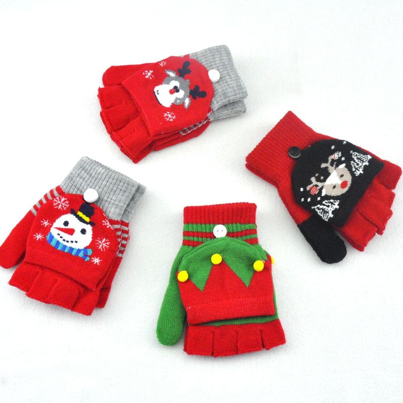 ハロウィーンクリスマス鹿雪だるまニットジャカード手袋冬防寒保温カバー半指手袋|undefined