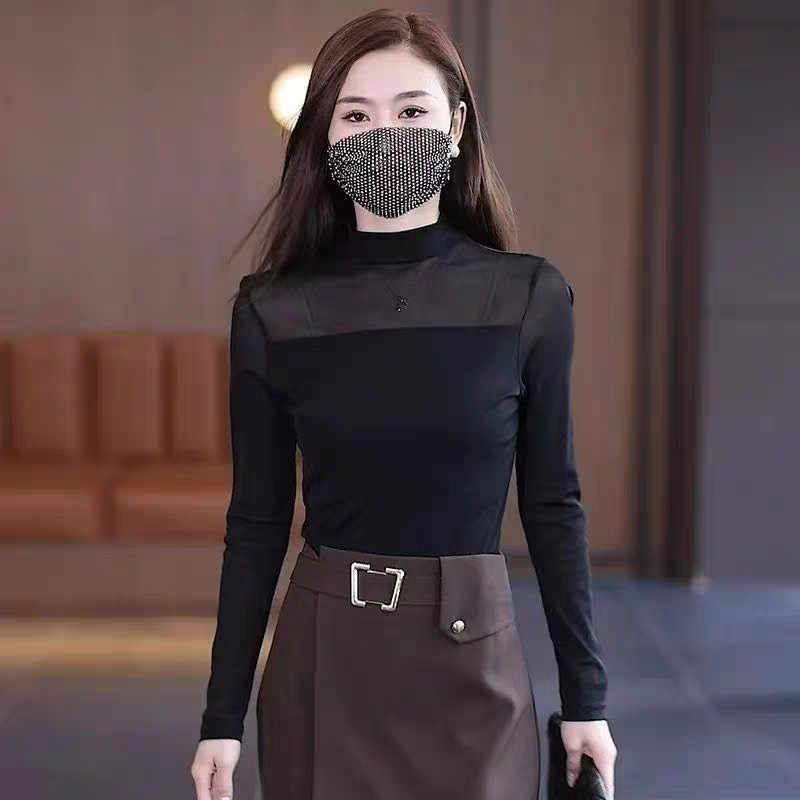 半高领拼接蕾丝金丝绒打底衫女春秋内搭长袖气质内搭秋新款修身上|undefined