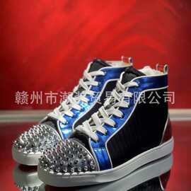 cl andgz男鞋黑色条纹牛皮铆钉高帮红底鞋女鞋情侣款休闲板鞋