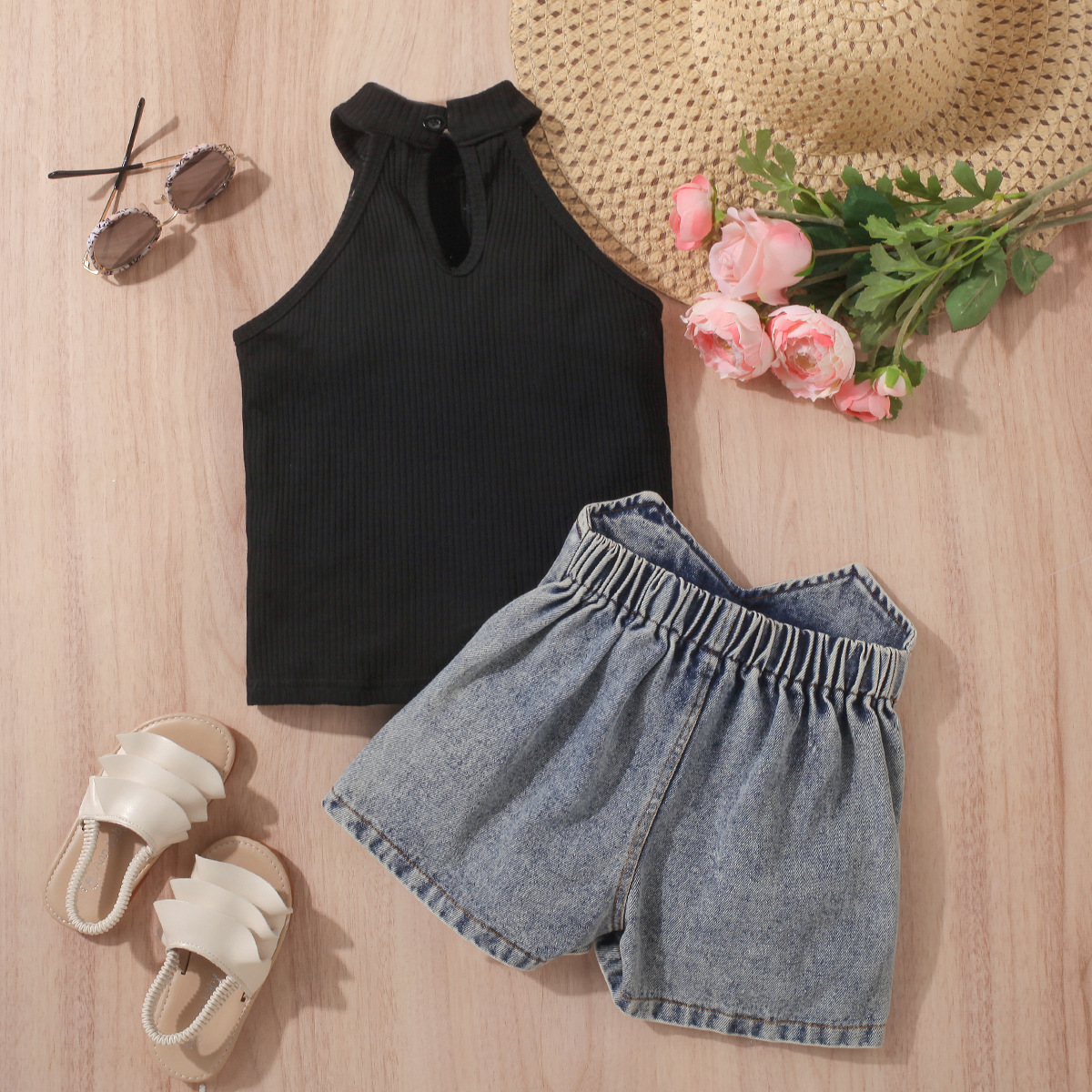 Sleeveless Sleeve Length Casual Simple Style Solid Color Cotton Girls Clothing Sets