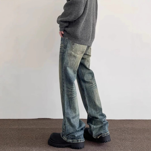High Street Washed Distressed Men's American Retro Cleanfit Flared Pants Trendy Straight Leg Slimming Long Pants