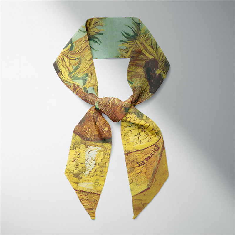Verano larga pequeña bufanda de seda femenina Van Gogh campo de trigo cielo estrellado pintura al óleo delgada estrecha larga pequeña bufanda de seda corbata de pelo decoración femenina