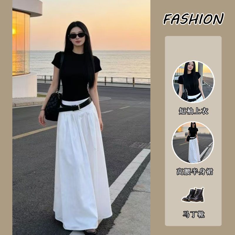 Women's Outfit 2026 Spring New Pure Desire Black Short-Sleeve T-Shirt Top High-Waisted Slimming Skirt Two-Piece Set Trendy