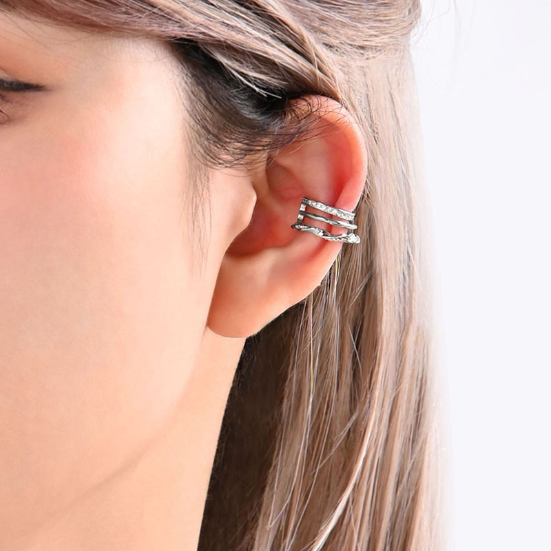 肌理扭线耳夹ins闪钻三层无耳洞耳环欧美风几何扭曲波浪麻花耳骨