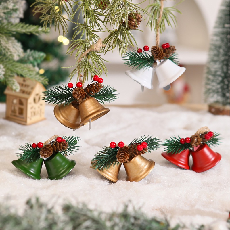 国境を越えた売れ筋クリスマスベルペンダントクリエイティブメタルベル松ぼっくりクリスマス装飾ペンダントダブルベル卸売|undefined