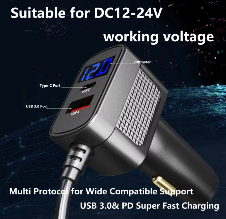 Amazon's Popular Fourth Generation Mini Digital Display Car Charger Waterproof Power Cord Charger Multi-Function Three-In-One Car Charger
