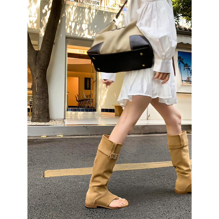 Boot nữ cổ cao ôm bắp chân da thật phong cách miền Tây — mơ, nâu chi tiết 41