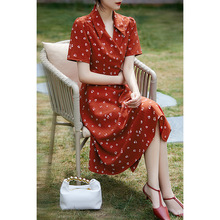 の笑涵閣 法式茶歇顯瘦 紅色連衣裙子女夏季高級感新QZP582095MG