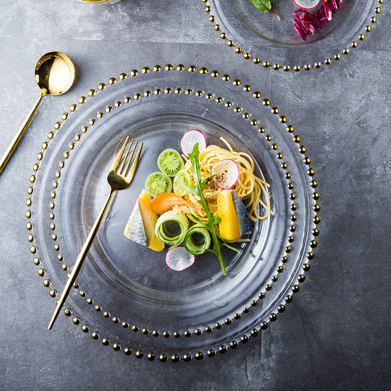Platos de vidrio de perlas de oro, platos de comedor caseros de alto valor, platos de frutas, platos de filete, decoraciones de alto nivel, viento