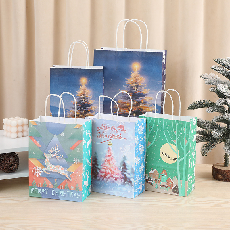 新款圣诞节包装礼物袋现货圣诞礼品袋牛皮纸袋圣诞树大容量手提袋