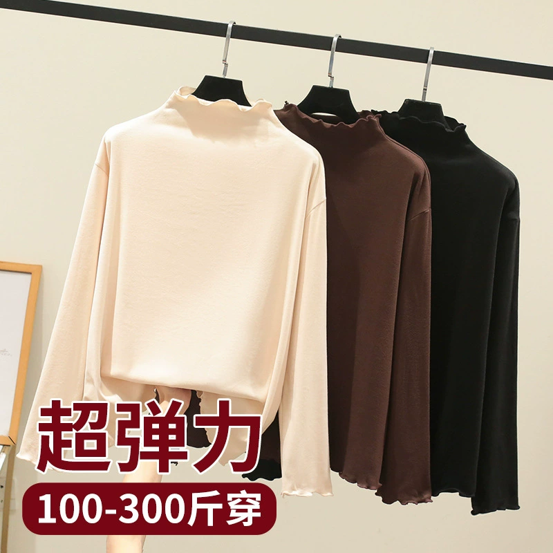 300/ 100kg Женская базовая футболка больших размеров для осени и зимы, стильная внутренняя одежда с высоким воротом из немецкого бархата, новая футболка с длинным рукавом 2024 года.