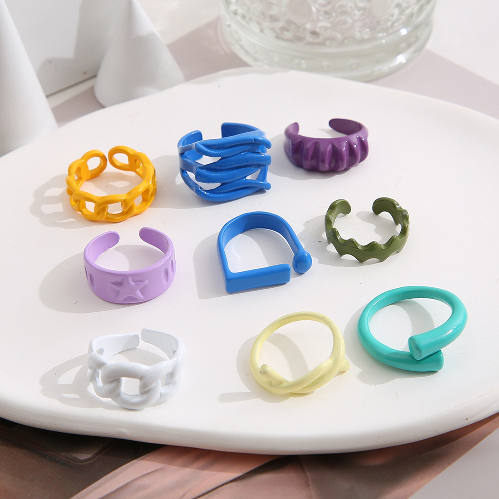 Fashion Solid Color Alloy Plating Open Ring 9 Pieces