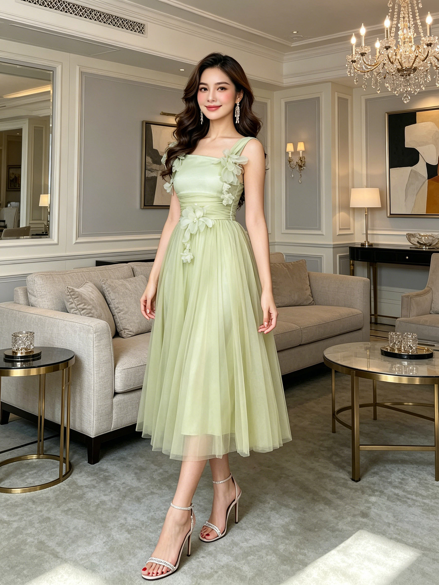 Đầm maxi nữ cổ vuông thắt eo hoa nổi lưới — xanh lá cây