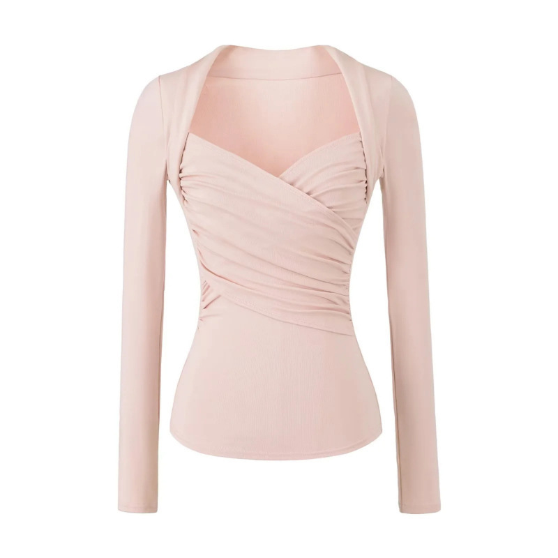 High-End and Elegant Fake Two-Piece V-Neck Long-Sleeve T-Shirt for Women, 2026 New Style, Pure Desire Slim-Fit Base Shirt, Trendy Inner Wear Top