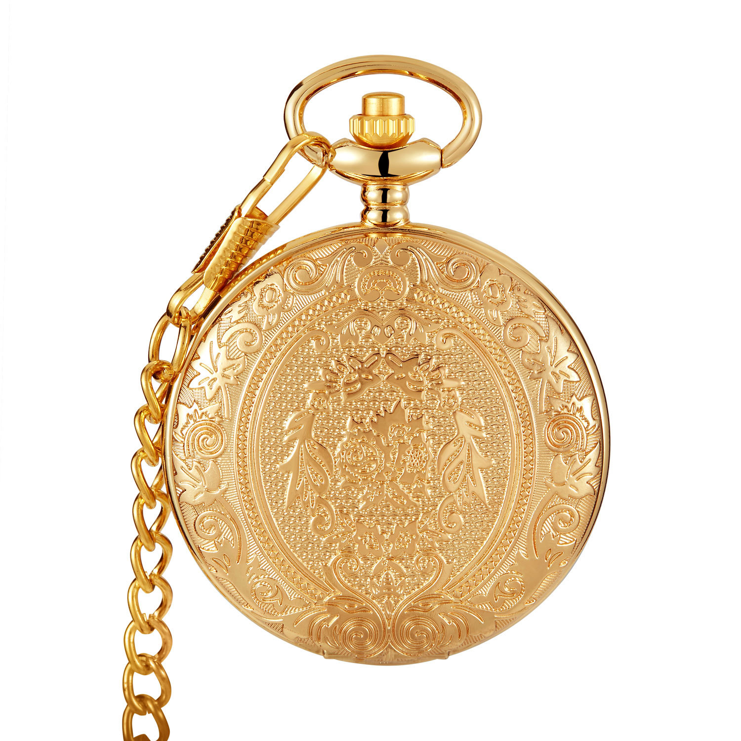 Relógio de bolso esqueleto vintage gravado com colar presente_voghion.com