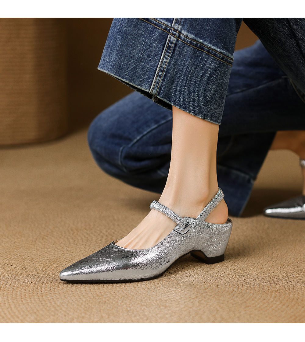Sandal cao gót nữ mũi nhọn bít mũi da cừu kiểu Pháp, gót cao 9 cm — Màu vàng chi tiết 11