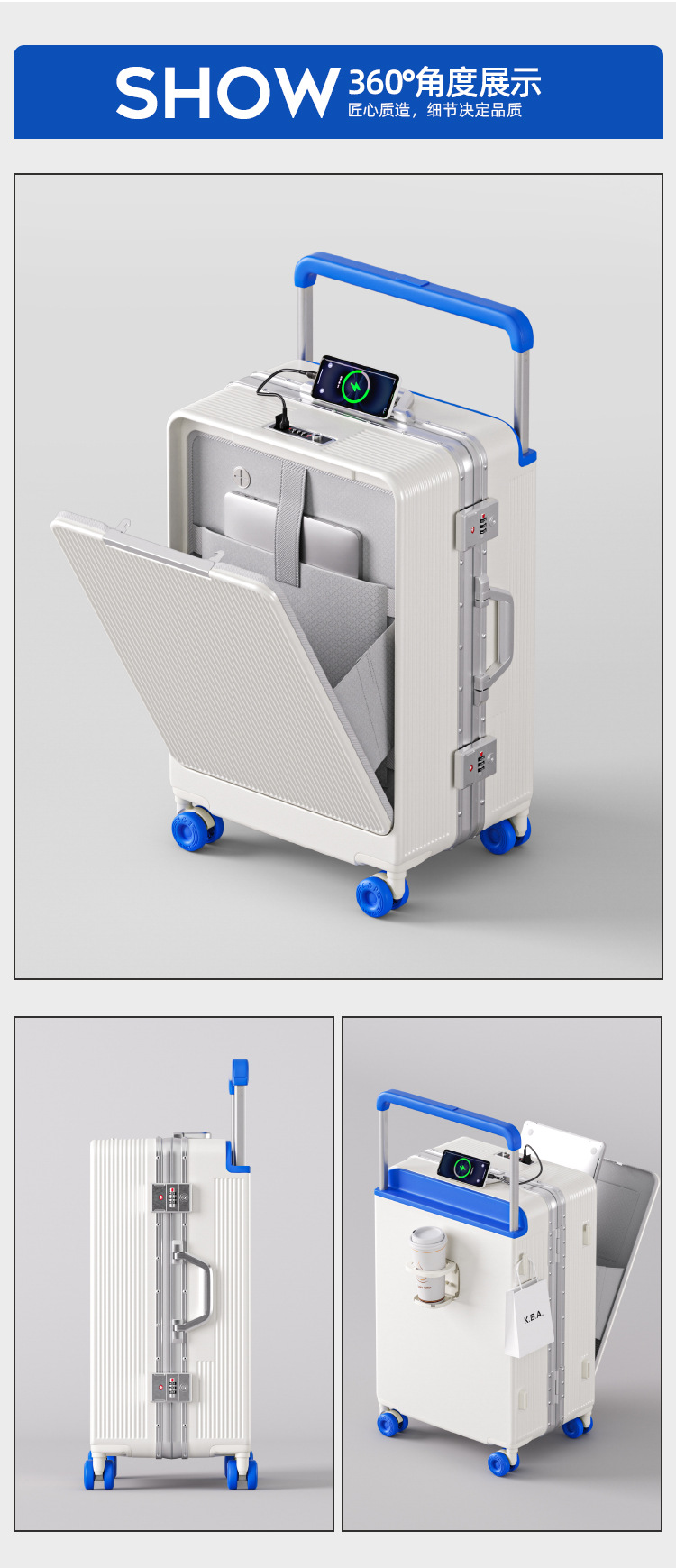 Front-opening luggage cup holder suitcase password lock suitcase shock-absorbing spring wheel wide pull handle trolley case charging port luggage