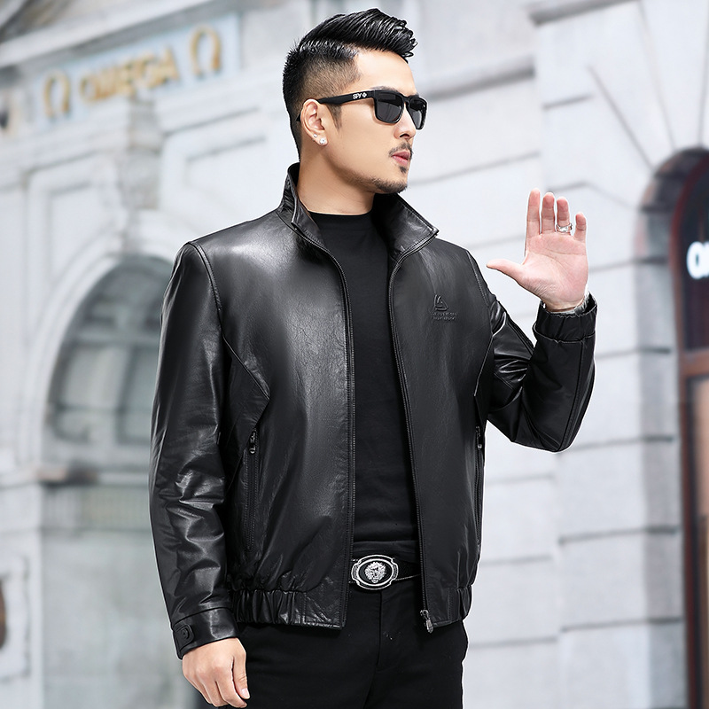 Haining New Genuine Leather Men's Down Jacket Top Layer Cowhide Short Vertical Collar Handsome Motorcycle Leather Jacket Coat