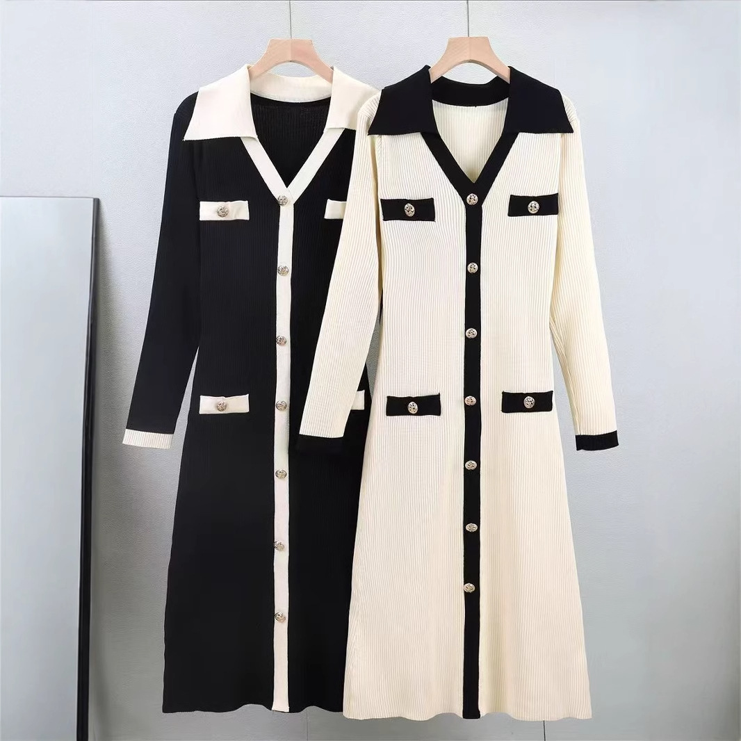 2025 봄과 가을 한국 세련된 프랑스 기질 V-NECK 단일 가슴 슬림 슬리밍 베이스 니트 원피스 8192