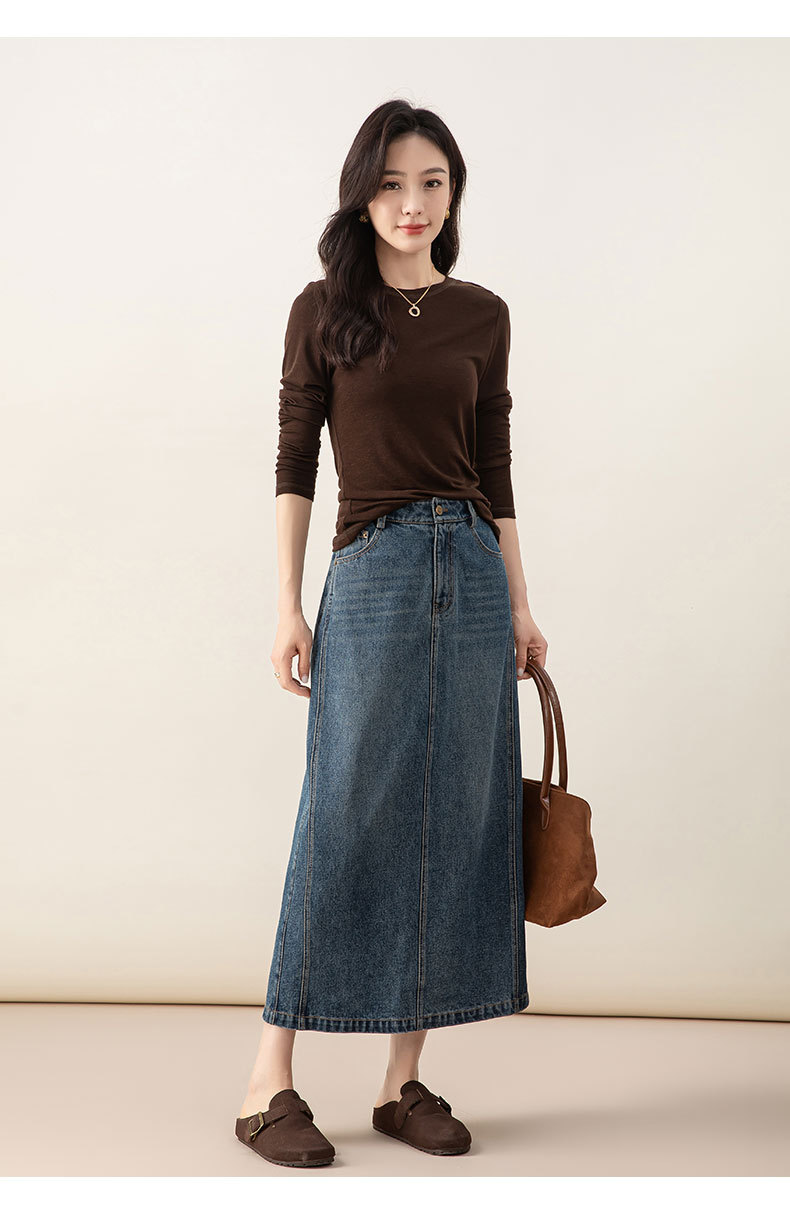 Chân váy denim Lyocell nữ cạp cao dáng A xẻ tà dài trung bình — màu xanh chi tiết 21