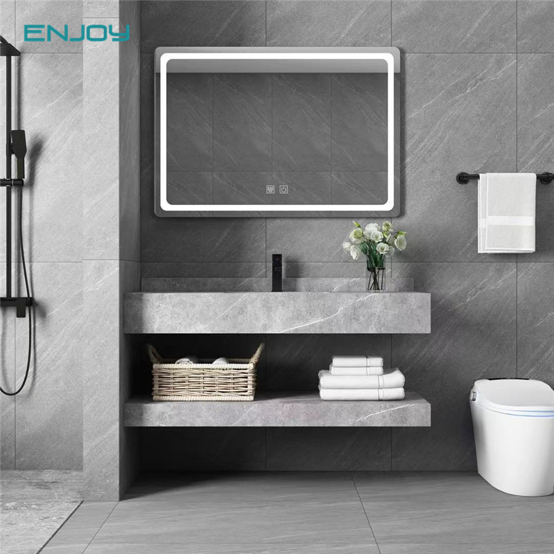 岩板一体浴室柜组合镜柜带灯双层吊柜卫生间洗漱台防水洗手盆柜