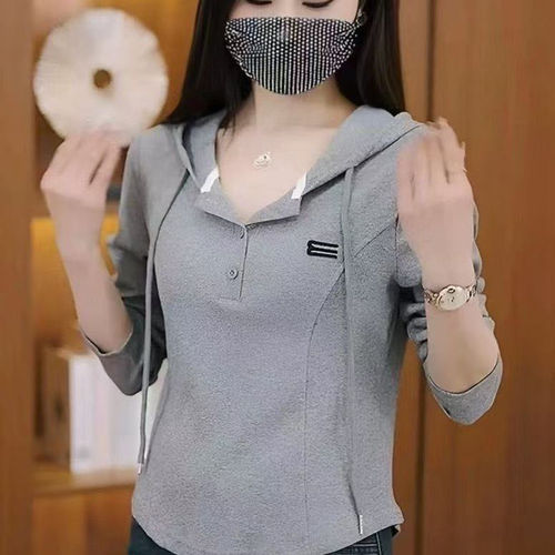 Mid-year leisure top 2025 versatile hooded sweatshirt spring and autumn thin style temperament slender covering stomach women long sleeve t-shirt