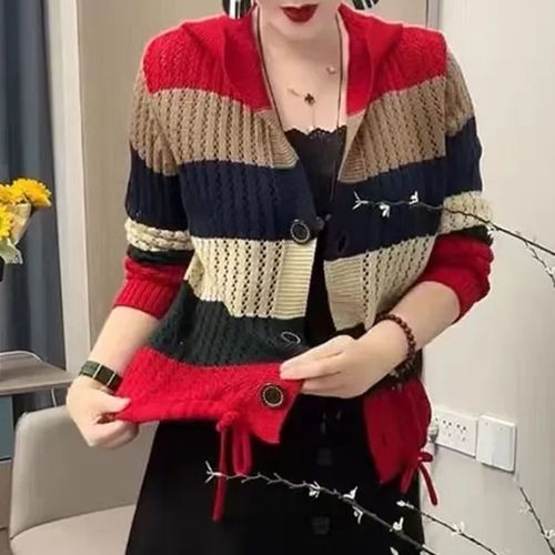 Fashion Striped Hooded Knit Cardigan for Women Spring and Autumn Slim Fit Layered Casual Loose Long Sleeve Sweatshirt