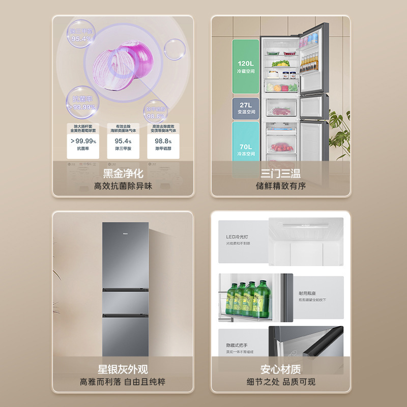 海尓冰箱三开门217升/251升宿舍租房家用小冰箱抗菌净味风冷无霜|undefined