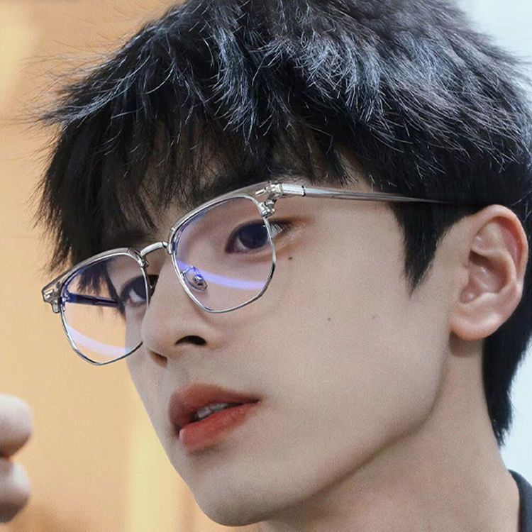 Retro medio marco gafas de tecnología hombre marco negro estudiantes de literatura y arte miopia simple gafas de luz plana anti-luz azul marco de gafas image 4