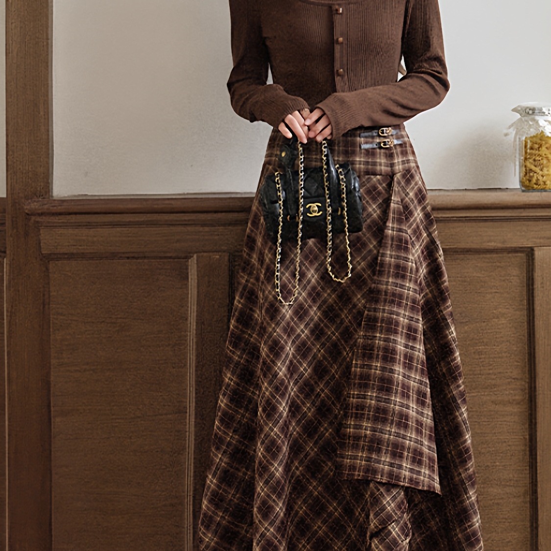 美拉德不规则咖棕色格子半身裙女秋季新款复古气质遮胯长款字裙