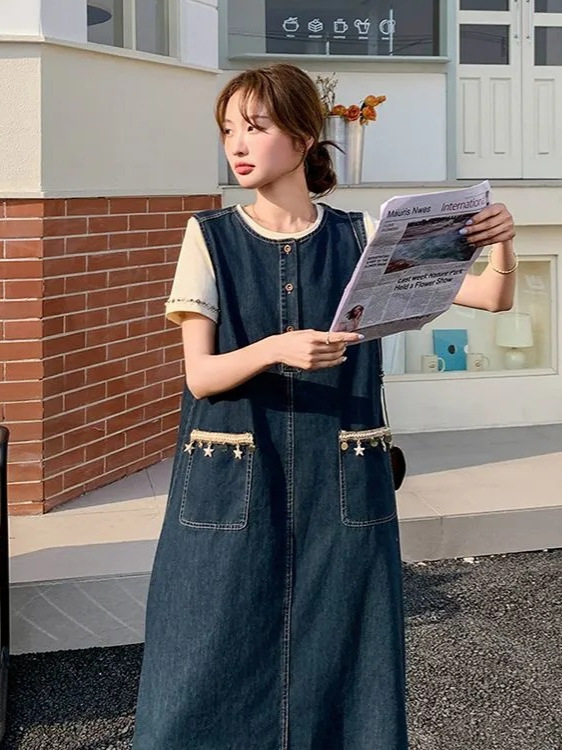 韩系牛仔背心连衣裙女夏季新款无袖背心单排扣中长裙复古大口袋裙|undefined
