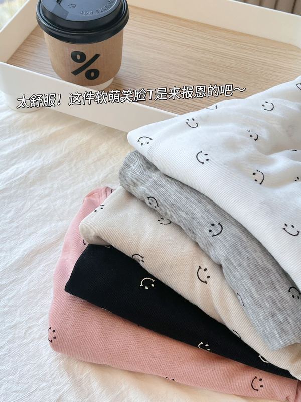 仿莱赛尔天丝羊毛夏季微透防晒罩衫女笑脸印花长袖t恤慵懒风上衣|undefined