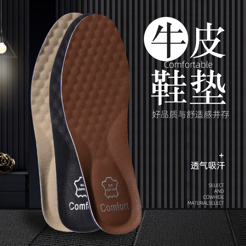 Genuine Leather Insoles for Men, Sweat-Absorbent, Deodorant, Breathable, Casual Sports Leather Shoes, Shock-Absorbing Soft Soles, Deodorant Cowhide Insoles for Spring