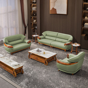 Modern New Chinese Style Ujin Wooden Sofa Top Layer Cowhide High-end Living Room Leather Sofa Foshan Factory Direct Furniture